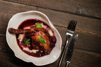 Braised duck with cherry sauce